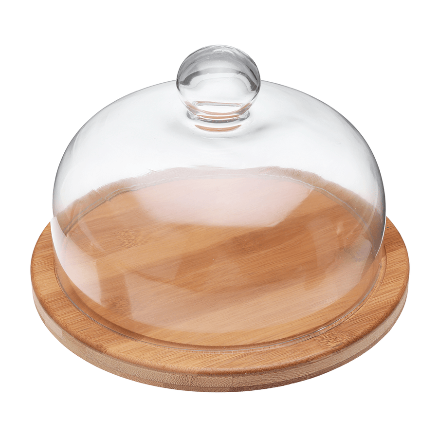 21Cm Glass Cake Dessert Dome Cover with Rotating Bamboo Base Kitchen Storage Container - Trendha