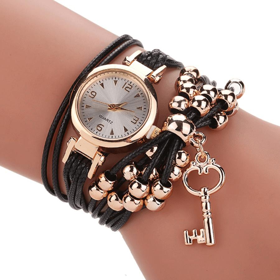 Gold Case Colorful Leather Beading Strap Ladies Dress Women Bracelet Wristband Quartz Watch - Trendha