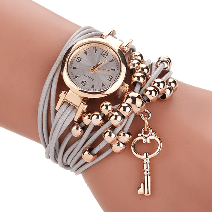 Gold Case Colorful Leather Beading Strap Ladies Dress Women Bracelet Wristband Quartz Watch - Trendha