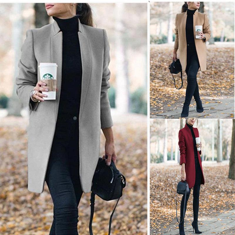 Fashion solid color stand collar woolen coat - Trendha