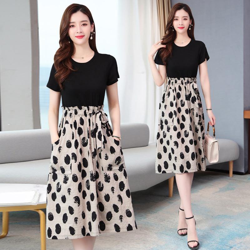 Patchwork waist wave point fake two piece Short Sleeve Dress - Trendha