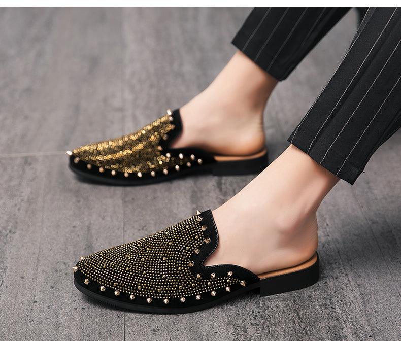 Men's Backless Mules with Rhinestone and Stud Details