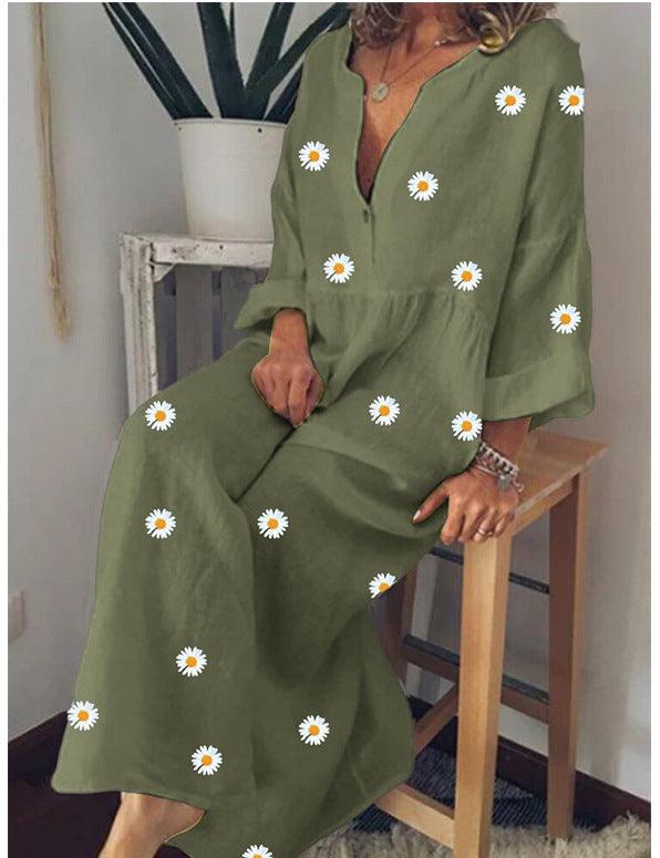Daisy Print Long Sleeve Loose Dress - Trendha