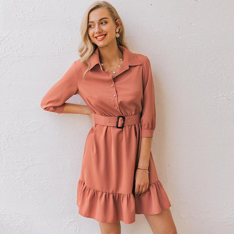 3/4 sleeve belt skirt ruffled retro style slim dress - Trendha