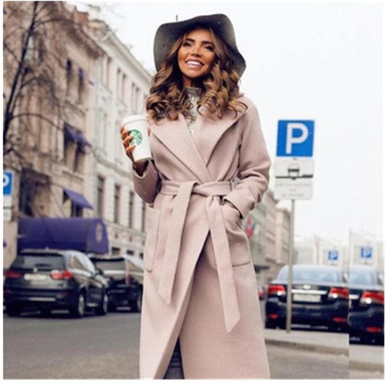 Lapel tie women woolen coat - Trendha