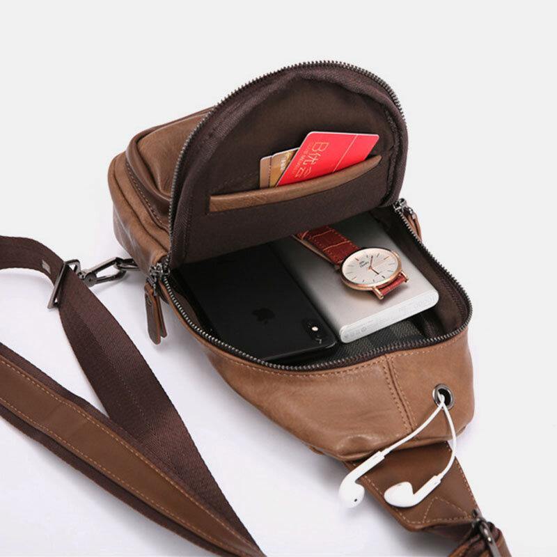 Men PU Leather Multi-Pocket Earphone Hole Crossbody Bag Chest Bag Sling Bag - Trendha