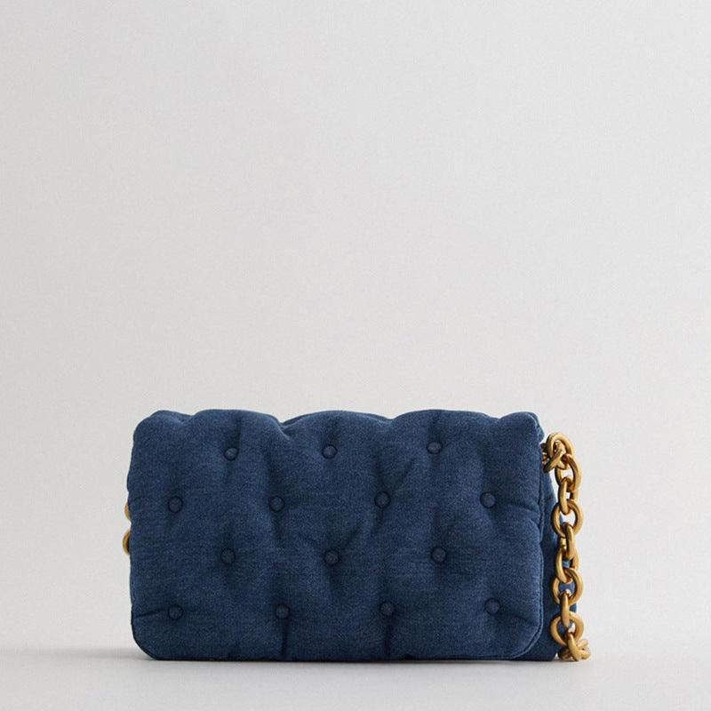 Blue oversized denim quilted shoulder messenger bag chain bag - Trendha