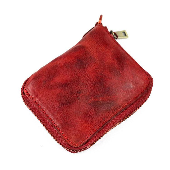 Zipper folding compact vegetable tanned leather wallet - Trendha