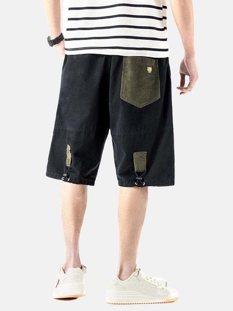 Cotton Mens Solid Color Multi Pocket Drawstring Loose Shorts - Trendha
