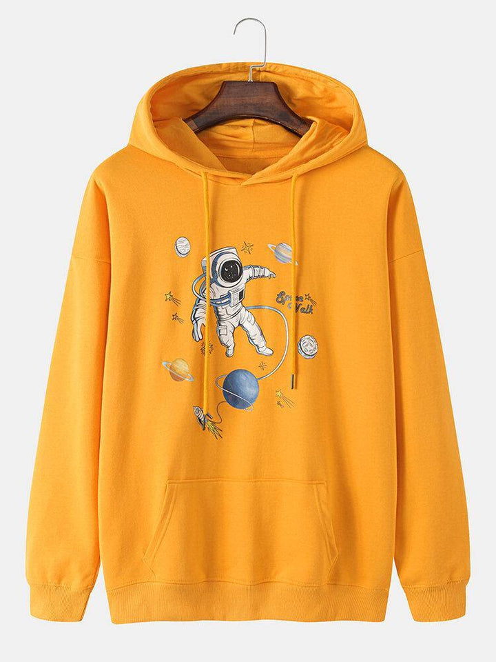 Mens Planet Astronaut Print Cotton Overhead Hoodies With Kangaroo Pocket - Trendha