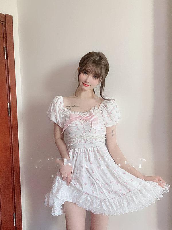 Sweetheart Princess Bowknot Love Diamond Pearl Rose Cake Lace Ruffled Puff Sleeve Waist Dress - Trendha