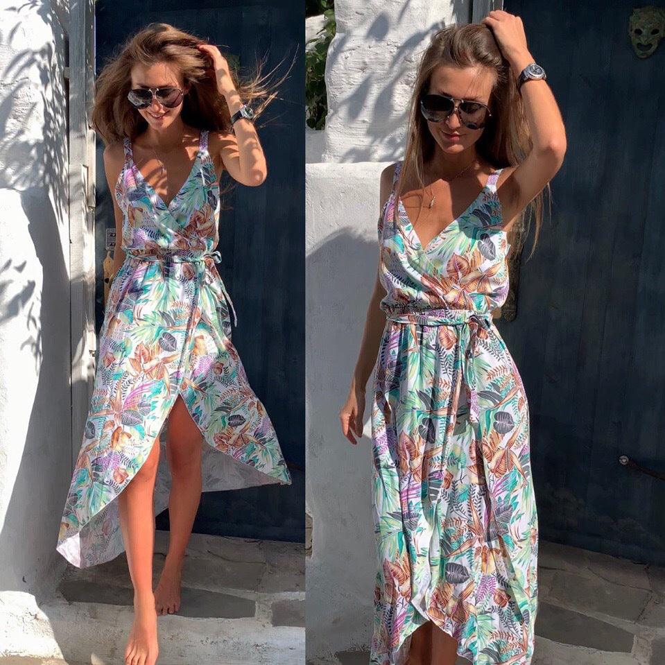 Irregular dress with strap print V-neck - Trendha