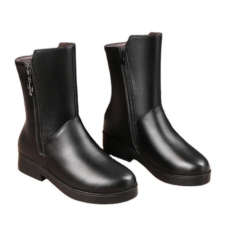 New velvet padded mid-tube thick heel women's boots - Trendha