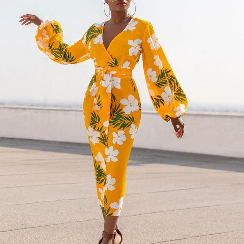 Irregular printed bubble long sleeve dress - Trendha