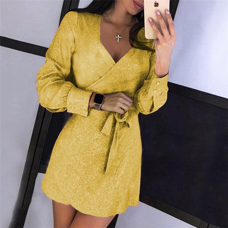 Lace V-neck short skirt sequined silver dot dress - Trendha