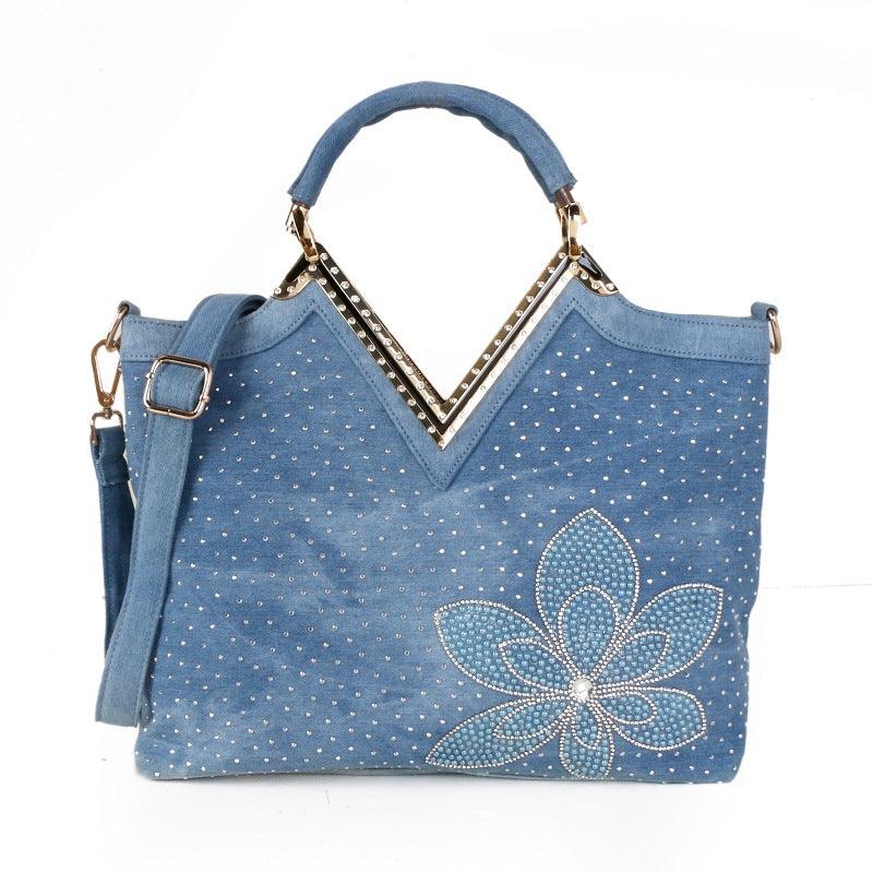 Fashion Women's V-shaped Diamond Flower Denim Bag - Trendha