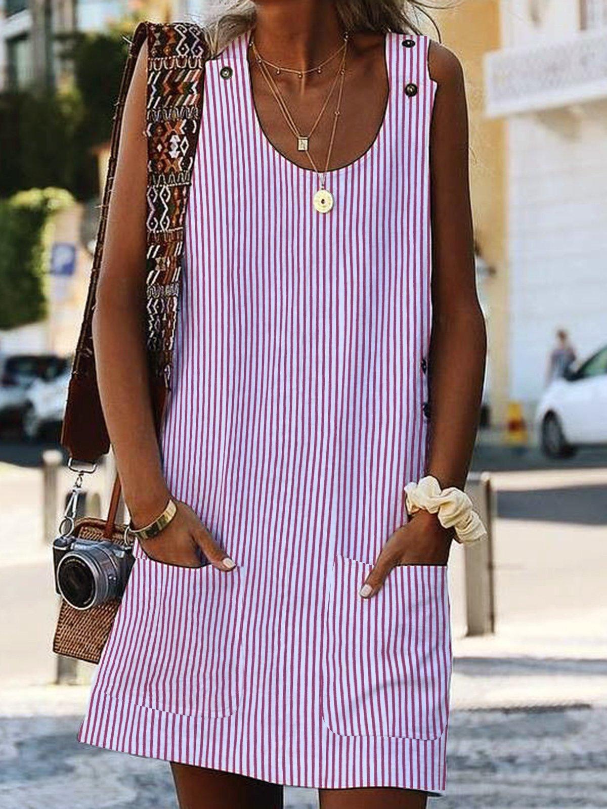 Striped Button Pocket Dress - Versatile Mid-length Skirt - Trendha