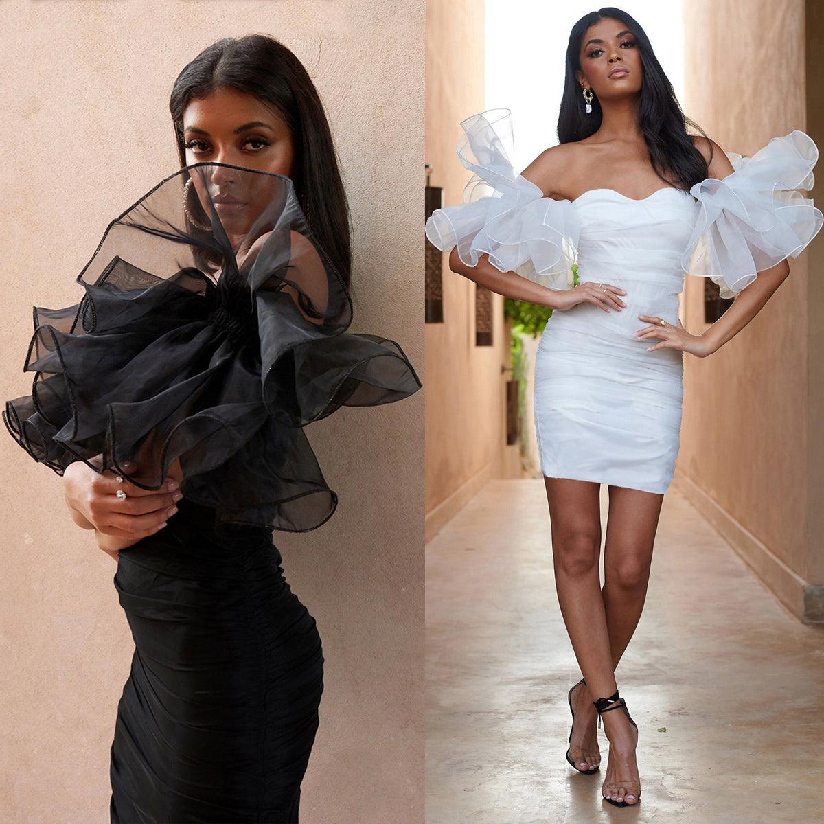Puff Sleeve Mesh Dress With Hip Skirt - Trendha