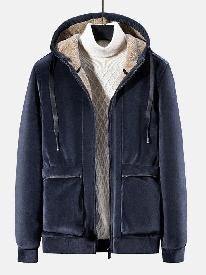 Mens Solid Color Velvet Sherpa Lined Warm Large Pocket Thicken Coats - Trendha