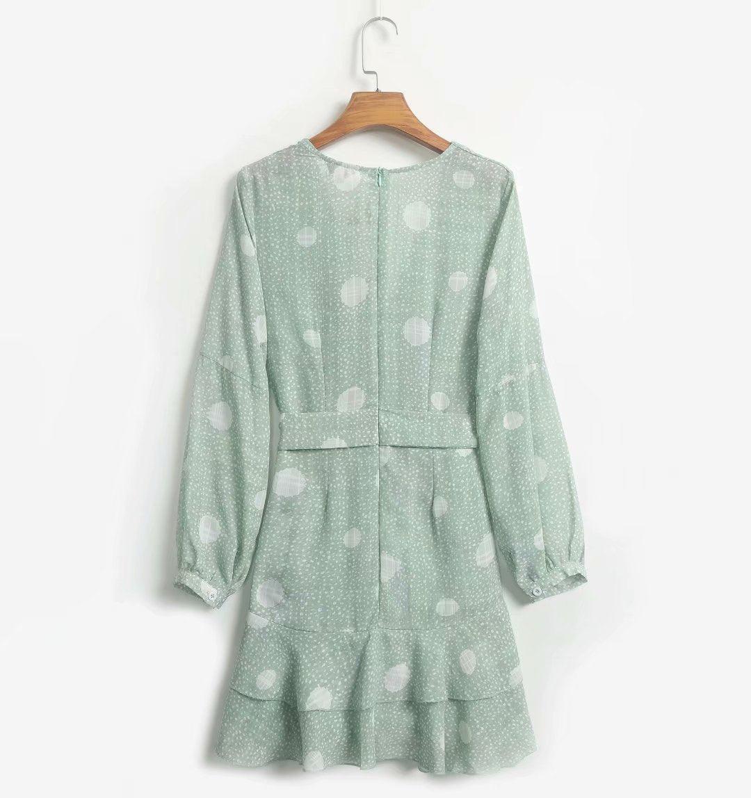 V-neck long sleeve waist tie polka dot print - Trendha