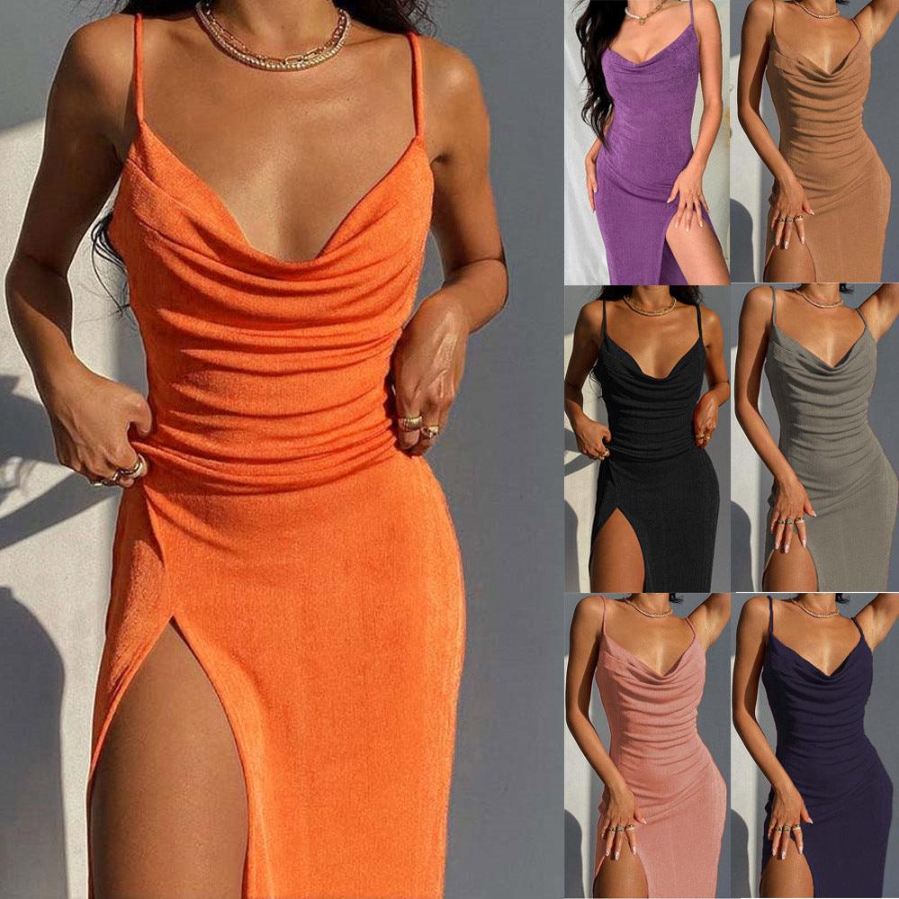 European And American Smooth Knitted Women's Slit Suspender Dress - Trendha