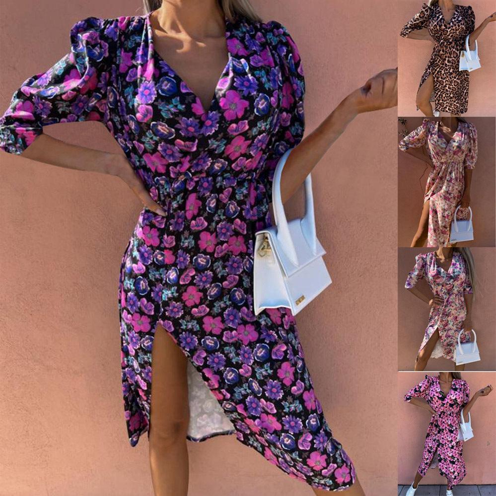 Fashion Loose Mid Sleeve V Neck Waist Print Dress - Trendha
