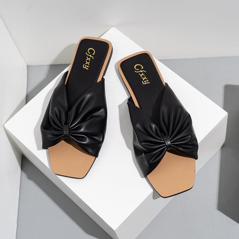 Bowknot Sandals And Slippers Women's Square Head Flat-bottomed Women's Slippers