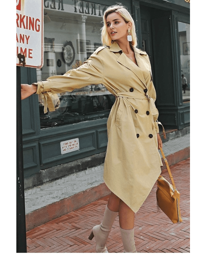 Autumn and winter new European and American ladies bow tie irregular hem windbreaker - Trendha
