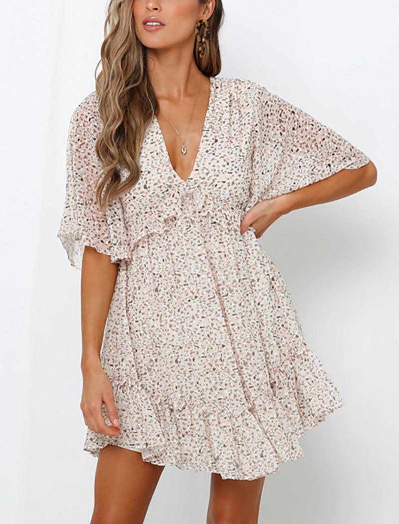 V-neck chiffon short sleeve printed dress - Trendha