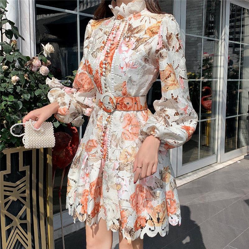 Color Floral Hollow Stand Collar Dress - Trendha
