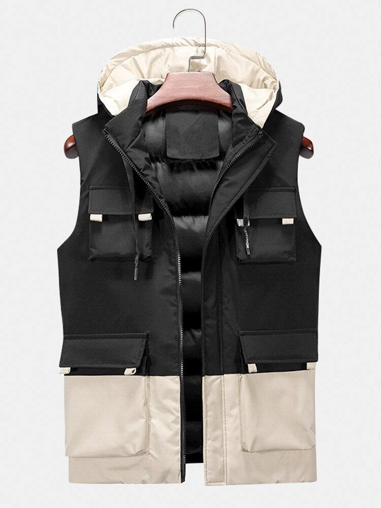 Mens Contrast Patchwork Warm Windproof Hooded Padded Gilet Vests With Multi Pocket - Trendha