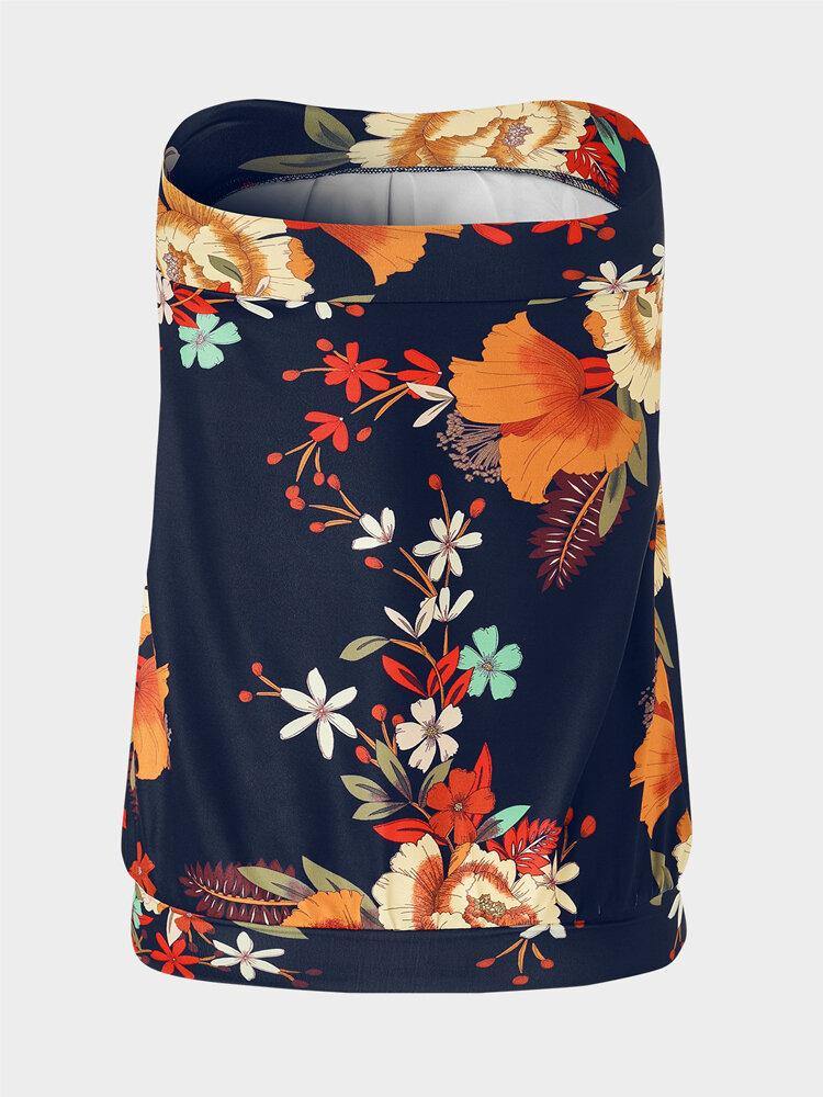 Navy Floral Print Ethnic Style Strapless Sleeveless Tube Tank Top - Trendha