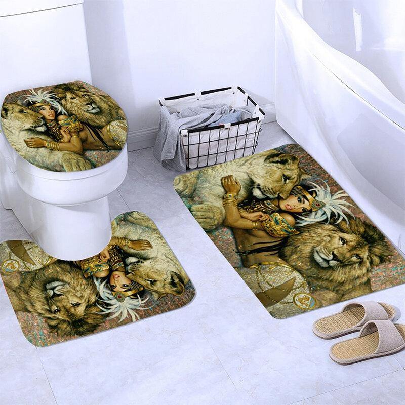 African Woman Egypt Queen and Lion Waterproof Bathroom Set Shower Curtain Bath Mats Floor Doormat Rugs - Trendha