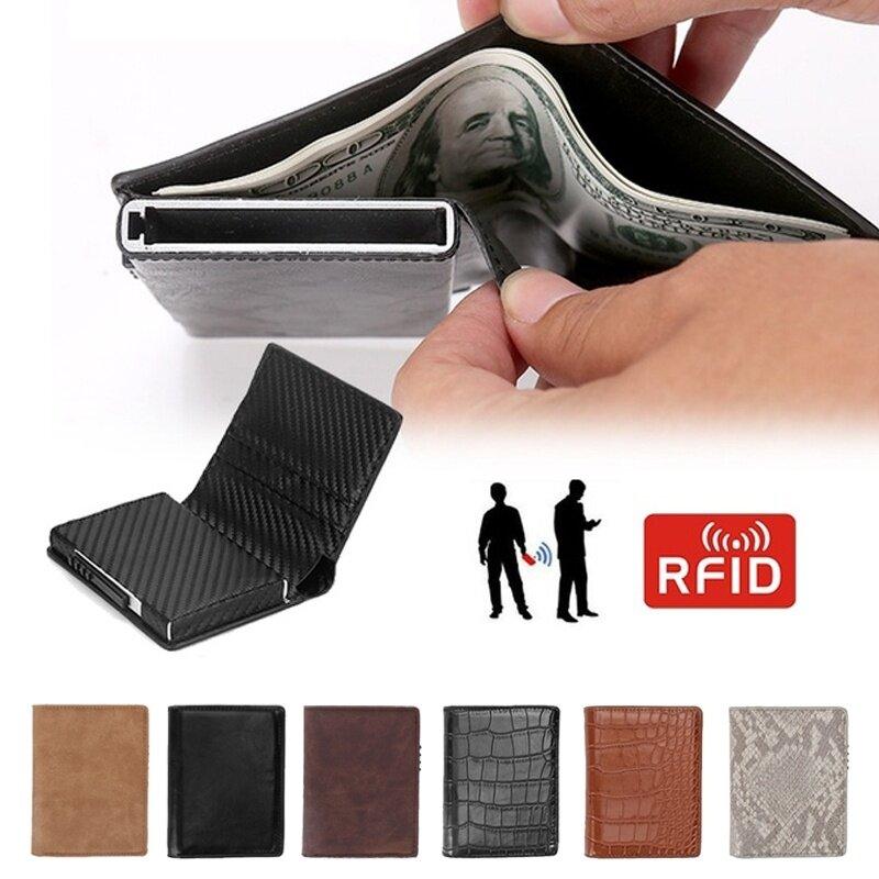 Men Business RFID Anti-scan Mini Carbon Fiber Pattern Automatic Credit Card Aluminum Coins Bag Wallet ID Card Holder - Trendha