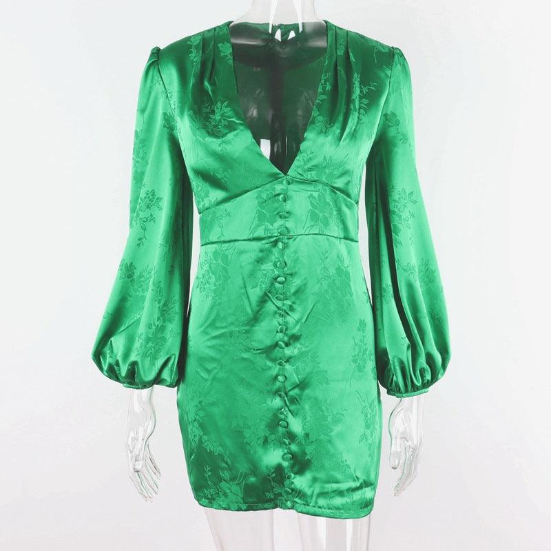 Women's V-neck Lantern Sleeve Dress - Trendha