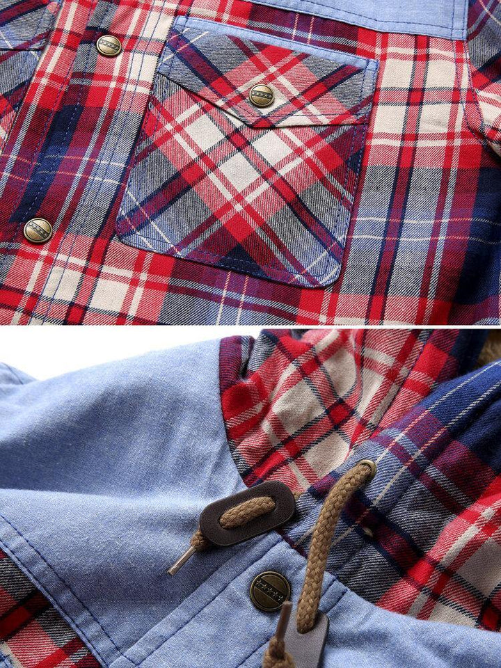 Mens Plaid 100% Cotton Plush Lined Thick Snap Button Shirt Hooded Coats - Trendha