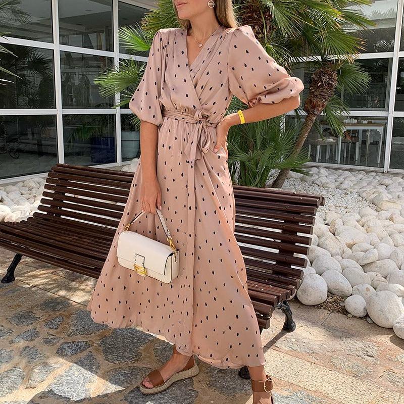 V-neck high waist lace up split holiday long dress - Trendha