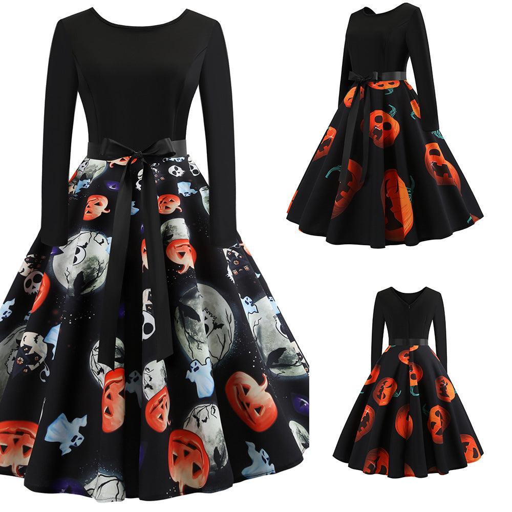 Halloween Round Neck Retro Print Long-Sleeved Big Swing Dress - Trendha