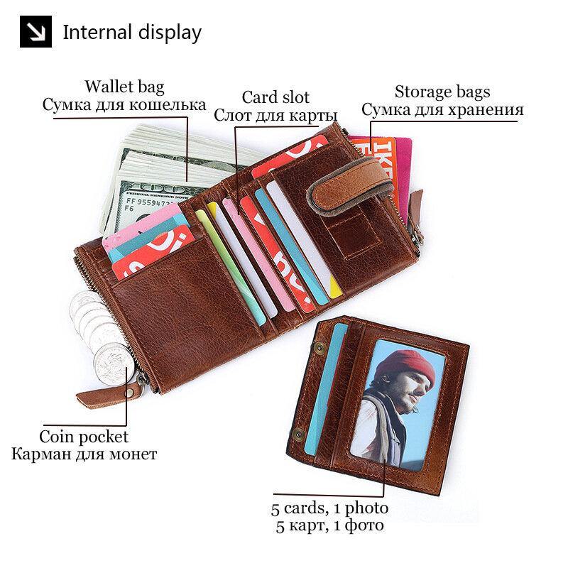 Men Genuine Leather RFID Anti-theft Retro Zipper Cowhide Chain Multi-slot Card Holder Wallet - Trendha
