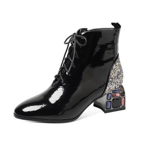 New Rhinestone Thick Heel Patent Leather Sequins