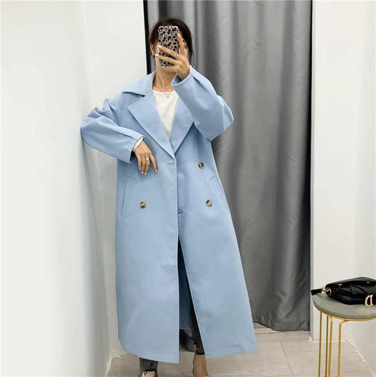 Double breasted blue woolen coat - Trendha