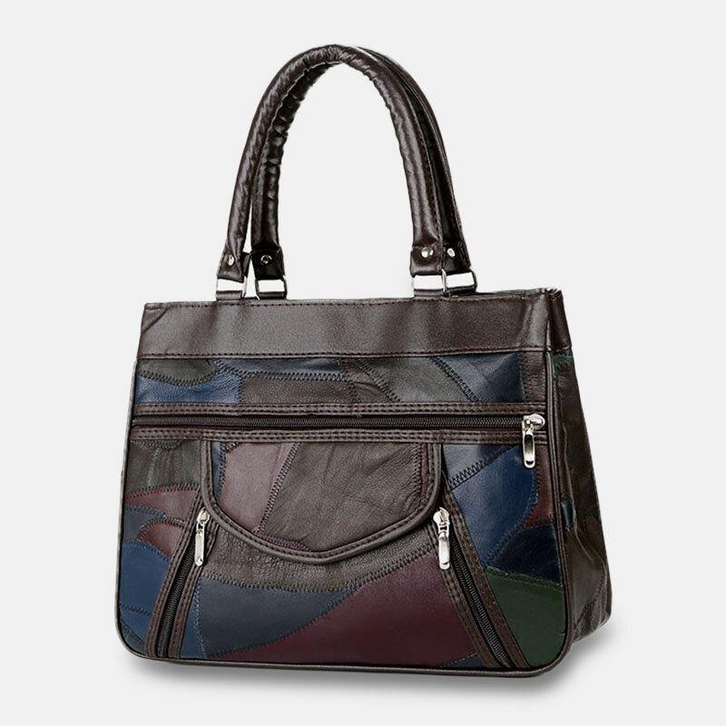 Women Genuine Leather Patchwork Painted Tote Bag Multi-pocket Large Capacity Handbags Vintage Crossbody Bags - Trendha