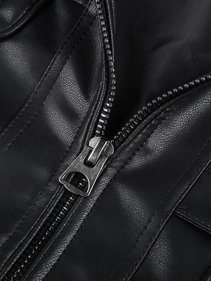 Mens Pocket Zip-Up PU Leather Black Long Sleeve Motorcycle Jacket - Trendha