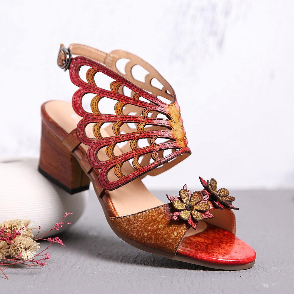 OCOFY Leather Flowers Cutouts Butterfly Wings Buckle Slingback Block Heel Sandals - Trendha