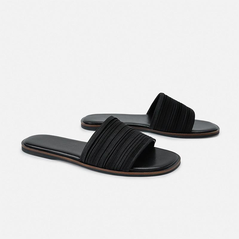 Summer Low-heeled Fold Surface Beach Sandals And Slippers Female Wild Simple Flip-flop Open-toed Flat Slippers Female Tide - Trendha