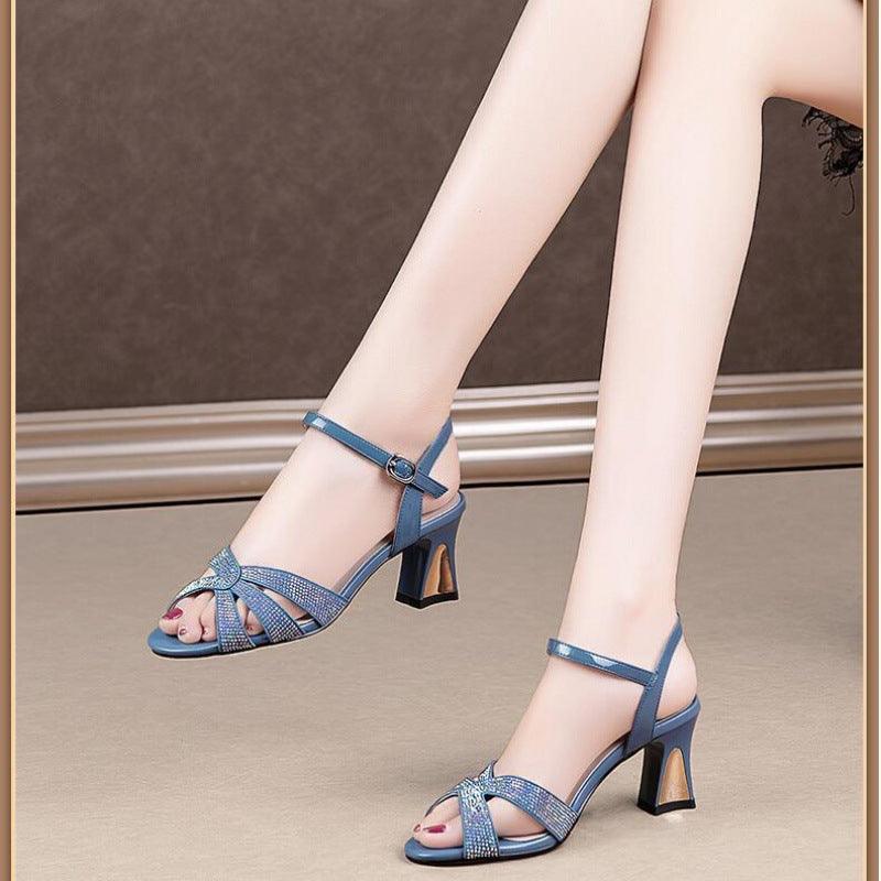 Woven Thin Strap Rhinestone Sandals Women's Chunky Heel - Trendha