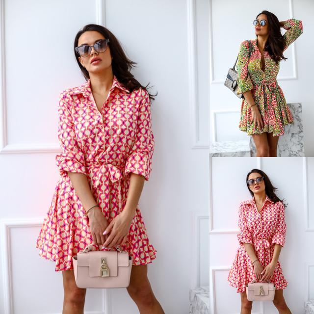 Long Sleeve Printed Waist Shirt Dress - Trendha