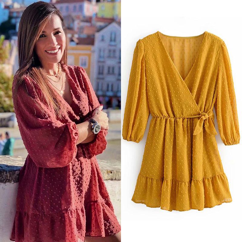 V-neck high waist pleated chiffon dress - Trendha