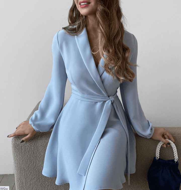 Fashion Sky Blue Long-sleeved Lapel Waist Tie Dress - Trendha