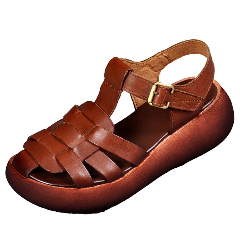 Leather Hollow Woven High Heel Platform Hollow Toe-toe Trifle Roman Sandals